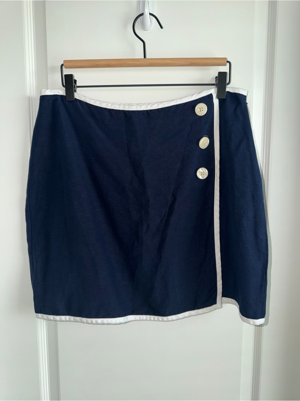 LOFT Womens Size 10 Navy Blue Linen Blend Wrap Mini Skirt Nautical Buttons